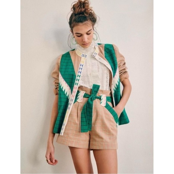 SÉZANE Arthus Brown White Green Plaid Belted High Rise Embroidered Cotton Shorts - Picture 3 of 11